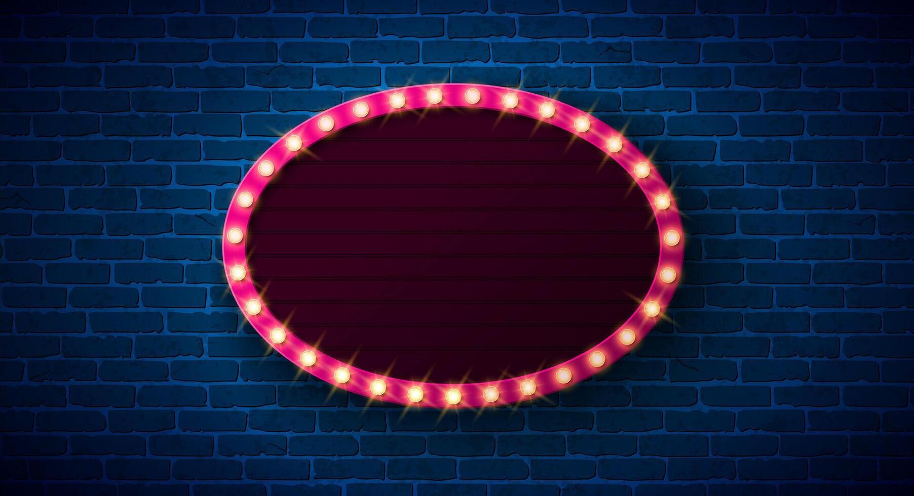 Retro Signboard Lightbox Banner Illustration with Glowing Light Bulb Frame Billboard on Vintage Brick Wall Background. Customizable Marquee Sign Design for Casino Advertising, Theater Show vector