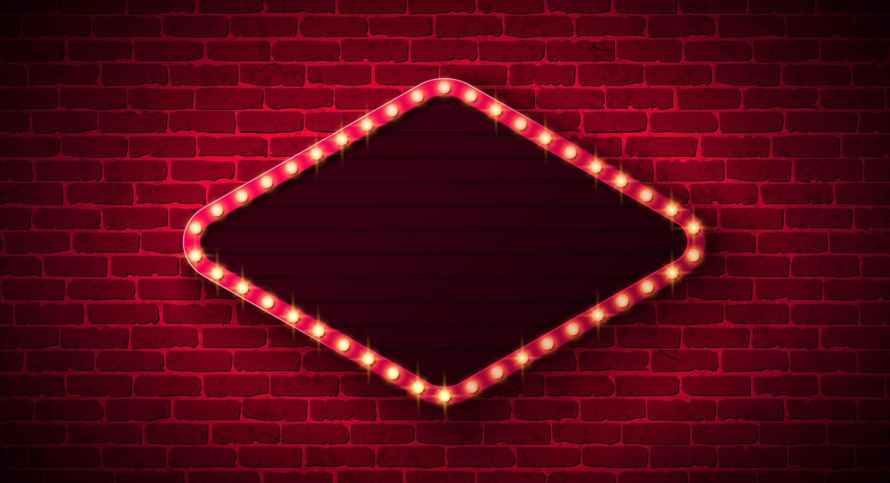 Retro Signboard Banner Illustration with Glowing Light Bulb Frame Billboard Lightbox on Vintage Brick Wall Background. Customizable Marquee Sign Design for Casino Advertising, Theater Show vector