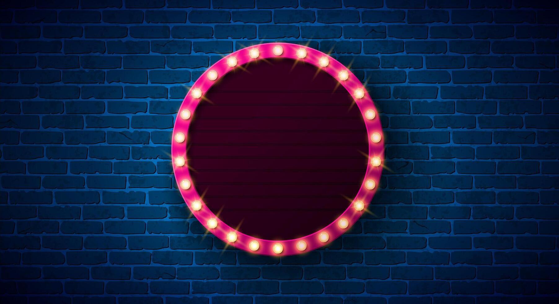 Retro Lightbox Signboard Banner Illustration with Glowing Light Bulb Frame Billboard on Vintage Brick Wall Background. Customizable Marquee Sign Design for Casino Advertising, Theater Show vector