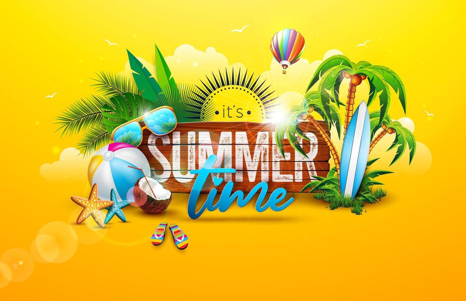 Colorful summer beach illustration with surfboard vector