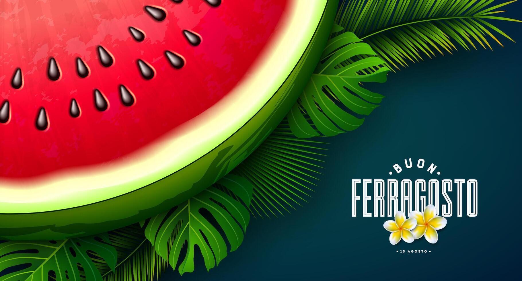 Watermelon slice with tropical leaves vector