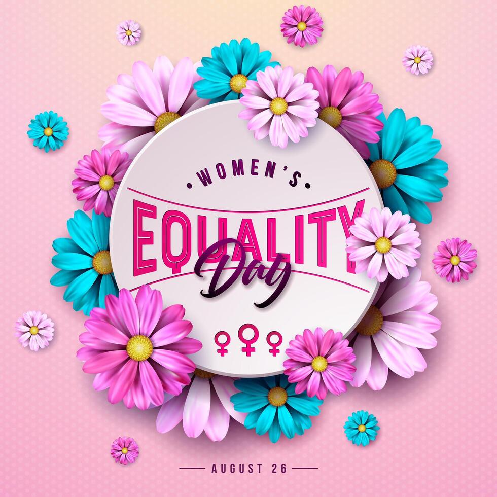 Women's Equality Day Design with Colorful Flower and Typography Lettering on Pink Background. August 26 National Feminine Holiday in United States. USA Celebration Template for Flyer, Banner, Greeting vector