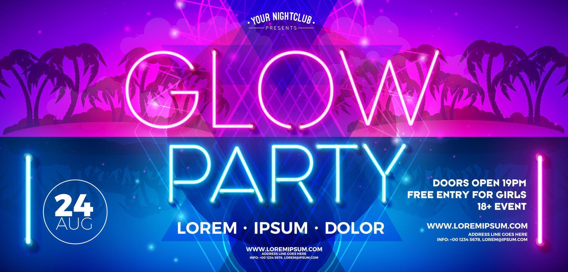 Summer Glow Party Banner Illustration Template with Glowing Neon Light Typography and Abstract Design Elements on Fluorescent Tropical Background. Summer Celebration Holiday Illustration for vector