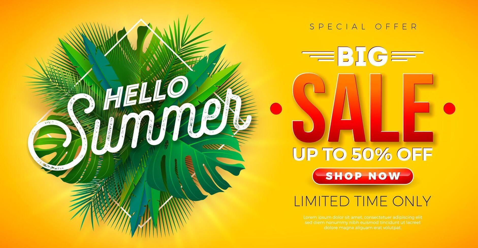 Summer Sale Business Promotional Design with Flower and Tropical Palm Leaves on Yellow Background. Exotic Floral Illustration with Special Offer Typography for Coupon, Voucher, Banner, Flyer vector