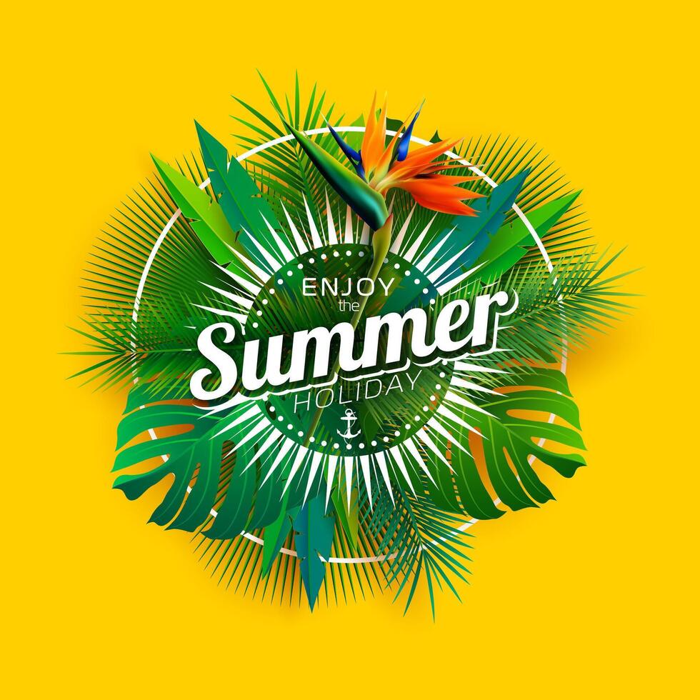 Hello Summer Holiday Banner Design with Flower, Tropical Palm Leaves and Typography Lettering on Sun Yellow Background. Vacation Illustration for Flyer, Invitation, Brochure, Poster, Web Banner vector