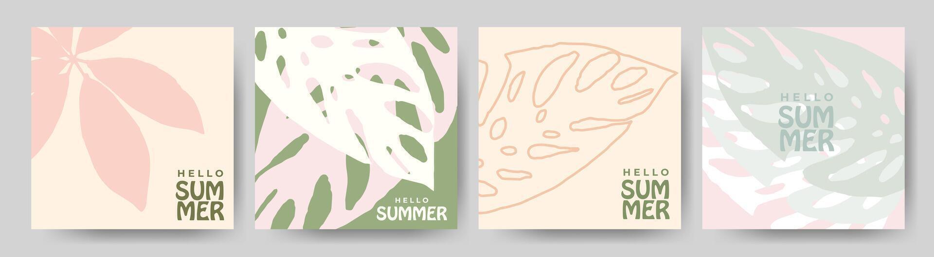 Trendy summer print set with tropical foliage and distressed textures. Modern vintage aesthetic for posters, banners, covers, ads, or social media seasonal content vector