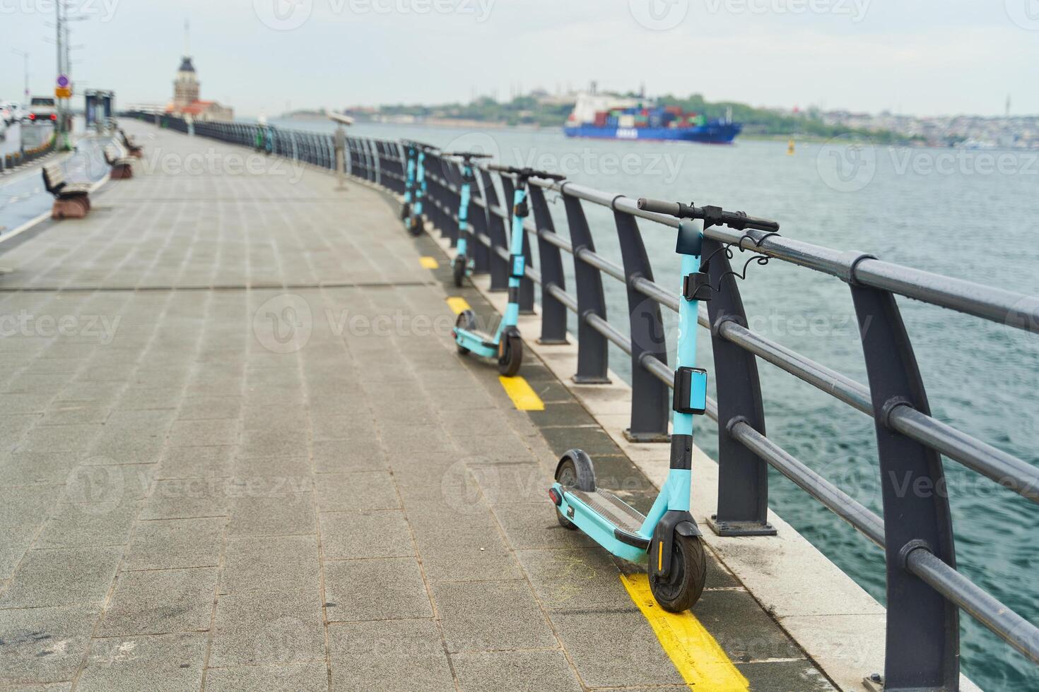 Electric scooters for rent, docked on the embankment. photo