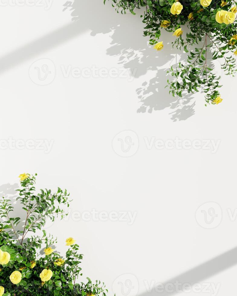 Blue roses with fresh greenery casting subtle shadows on a clean white wall. photo