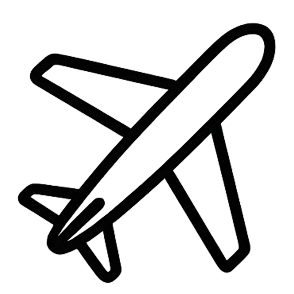 Diagonal airplane icon silhouette facing top-left, minimal aircraft clipart for travel booking apps, aviation graphics, UI buttons, airline themes, infographic use png