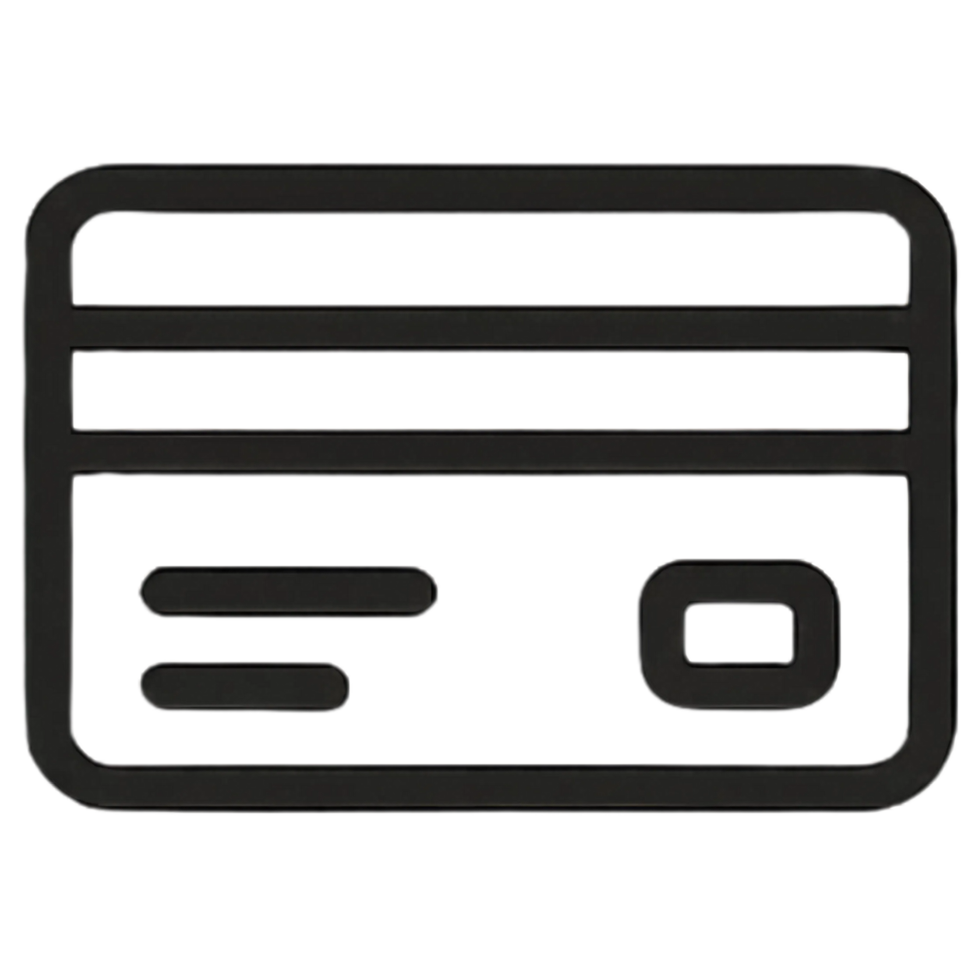 Minimal black credit card icon, electronic payment symbol for mobile wallet apps, online checkout, fintech UI design, financial tools, and banking dashboards png