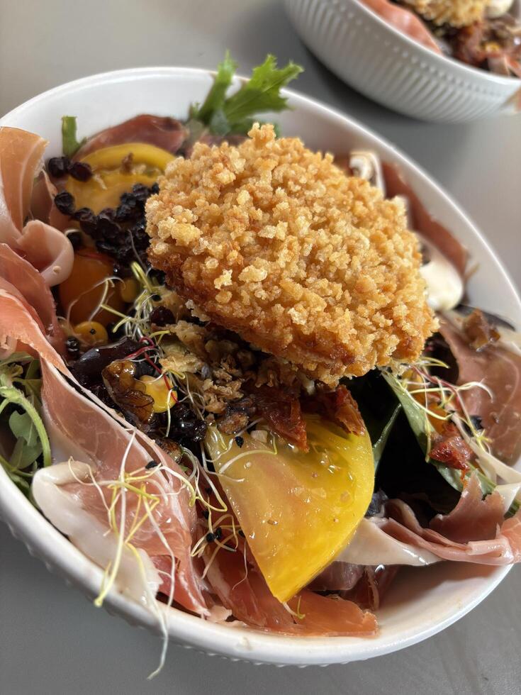 Gourmet salad with crispy topping photo
