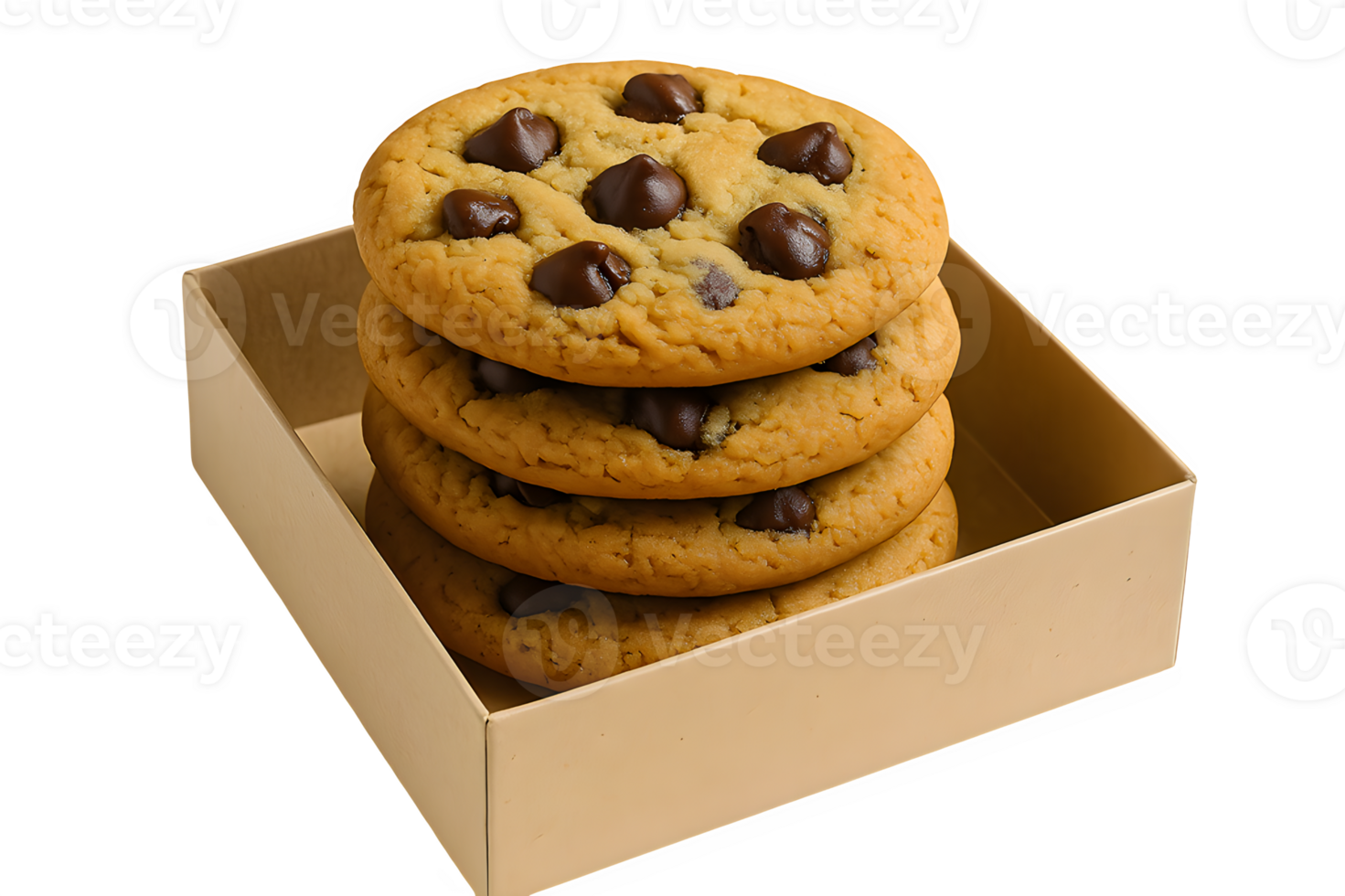 Delicious Chocolate Chip Cookies Stack in Box on Transparent Background png