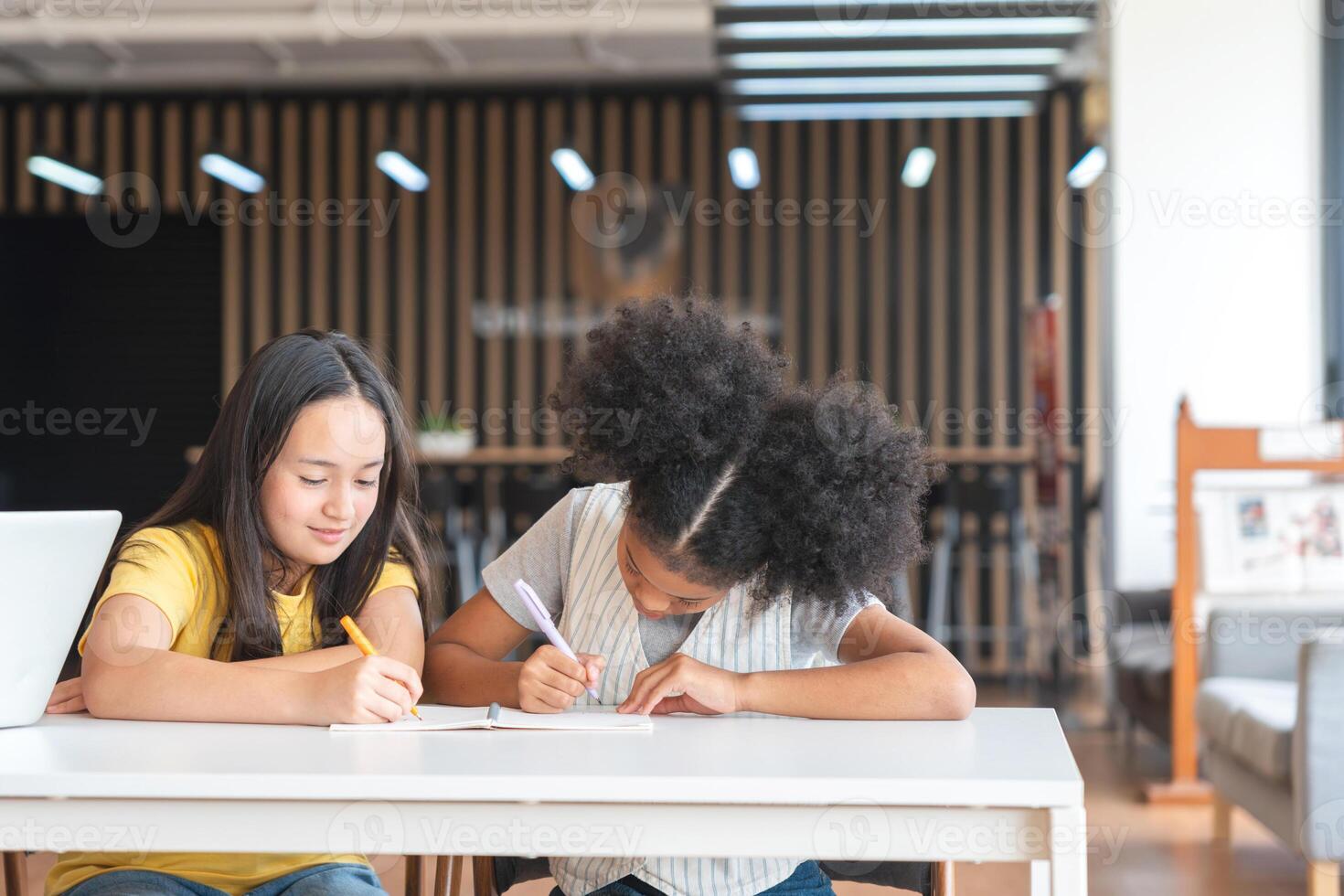 Diverse Young Girls Studying Together at School, Two Elementary Students Focused on Writing in Classroom, Kids Collaborating on Homework at a Desk photo