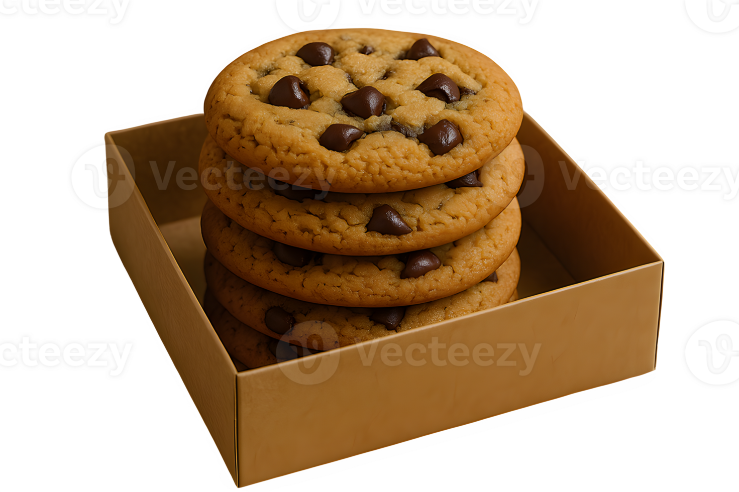 Stack of Delicious Chocolate Chip Cookies in a Box on Transparent Background png