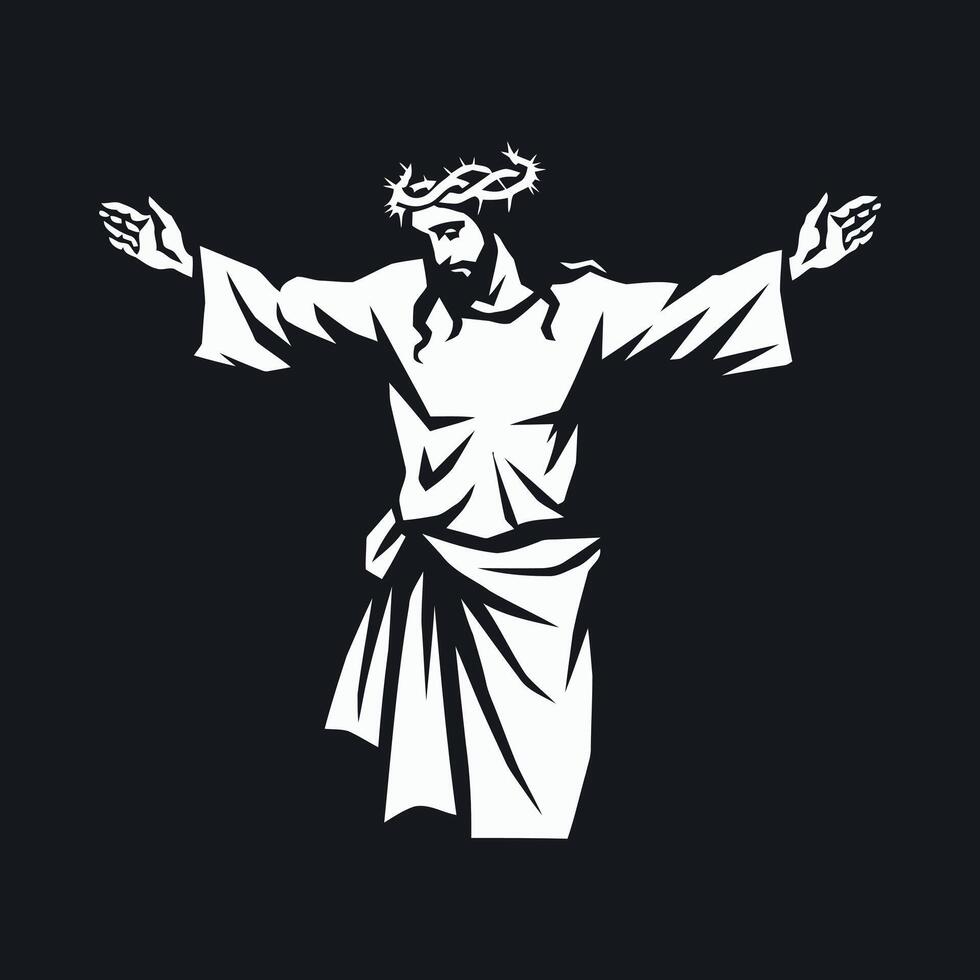 Stylized depiction of jesus christ with arms outstretched and a crown of thorns vector
