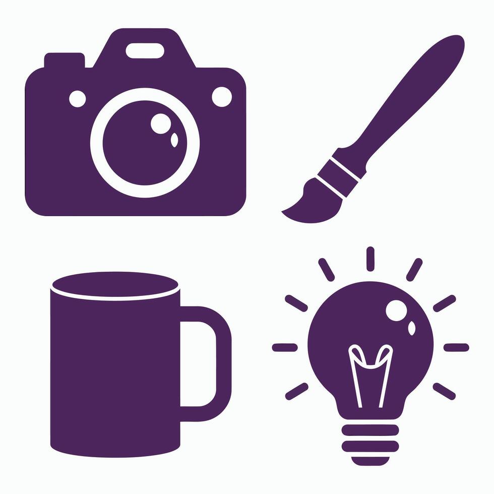 Creative icons camera paintbrush mug and lightbulb on white background vector