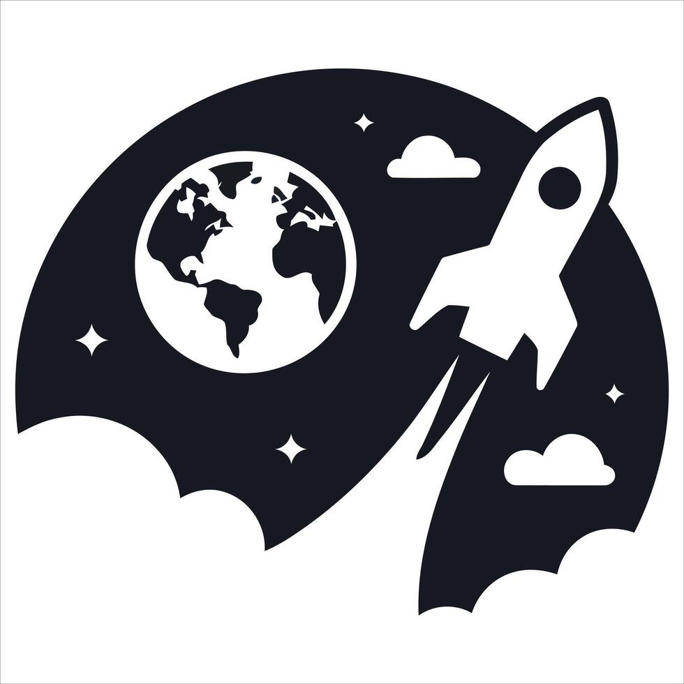 Rocket launching from earth into starry space with clouds vector
