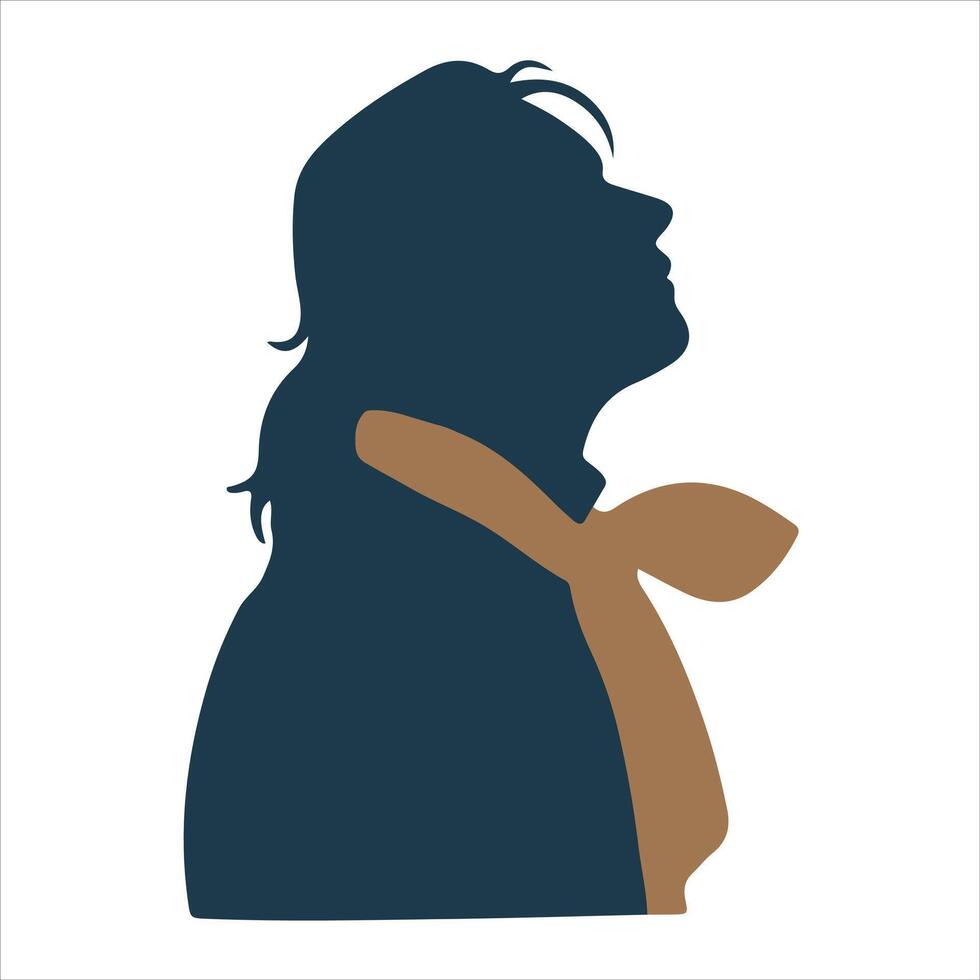 Silhouette of a person with long hair wearing a scarf looking upwards vector