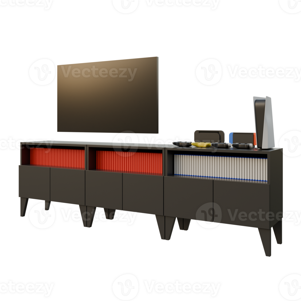 Black TV Table Set Left Side View 3D Rendering Illustration png