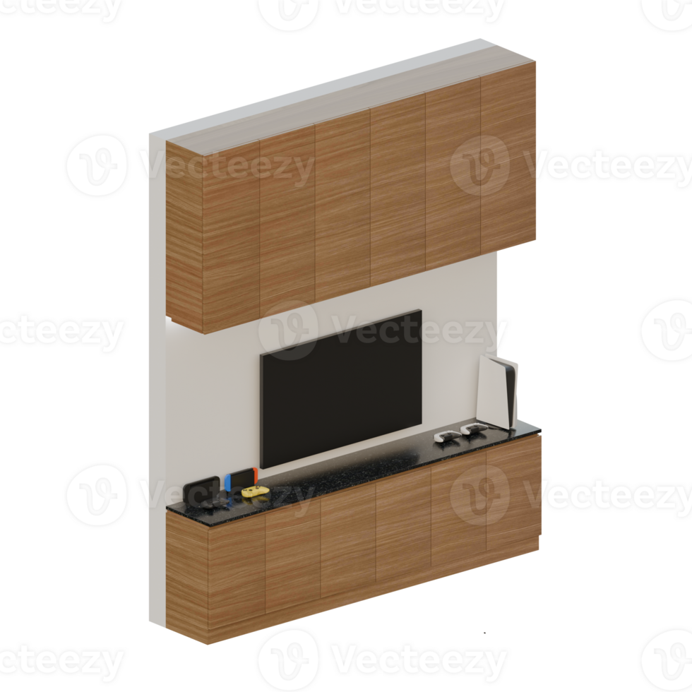 Dark Wood TV Table Set Isometric Left Side View 3D Render Illustration png