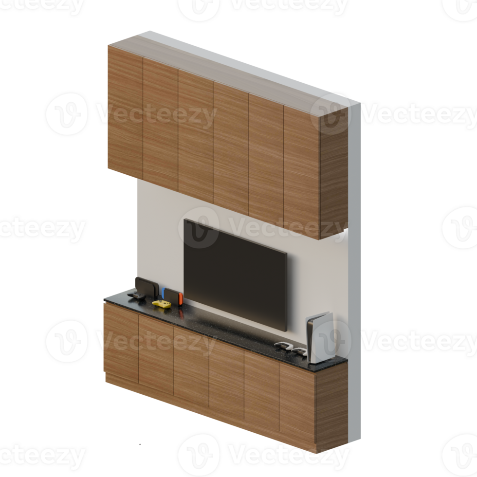 Dark Wood TV Table Set Isometric Right Side View 3D Render Illustration png