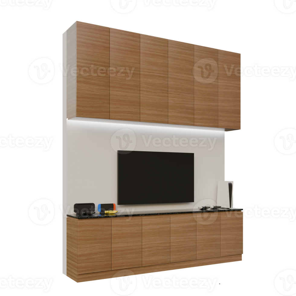 Dark Wood TV Table Set Left Side View 3D Render Illustration png