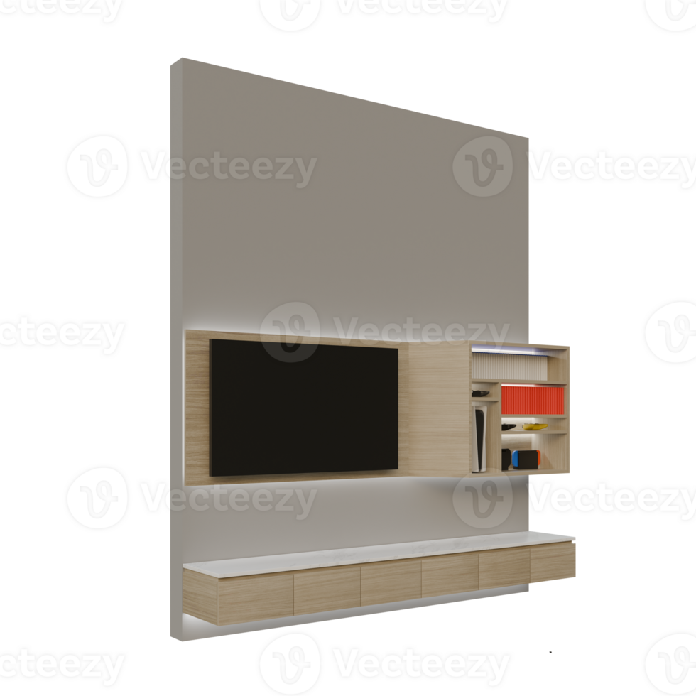Bright Wood TV Table Set Left Side View 3D Rendering Illustration png