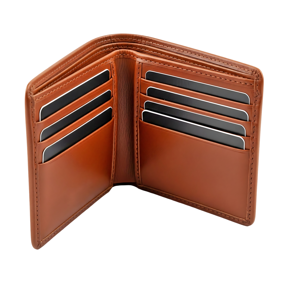 Open Brown Leather Wallet with Credit Cards Isolated png