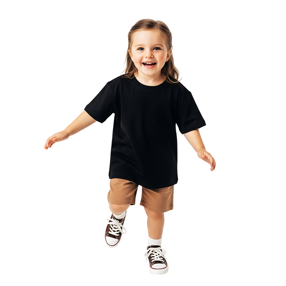 Cheerful Toddler Girl in Black T-Shirt and Brown Shorts - A Mockup Concept png