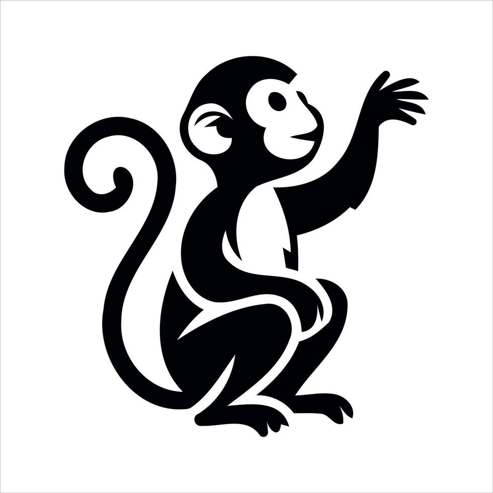 Stylized black monkey sitting and waving with a curled tail vector