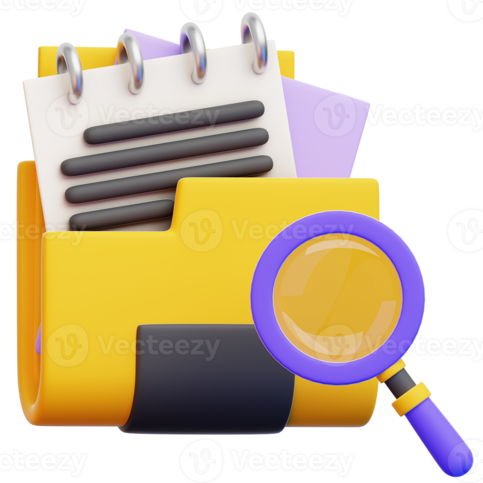 An illustrated conceptual image of file management, symbolizing the modern aspects of search, digital data, and the examination of information. The image features a file folder, documents png