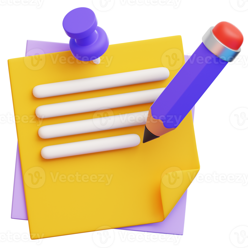 A vivid 3D render of stationery, includes a paper with lines, pencil and a pushpin. The composition is designed in such a way that evokes a sense of clarity, creativity, and meticulous organization png