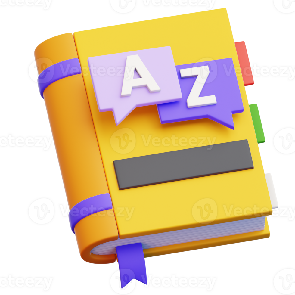 A 3D rendered illustration of a yellow dictionary book with alphabet letters A and Z on speech bubbles, signifying language learning or translation png
