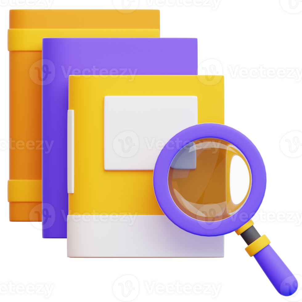 A magnifying glass hovers near a stack of vibrant books, illustrating the theme of discovery and learning png