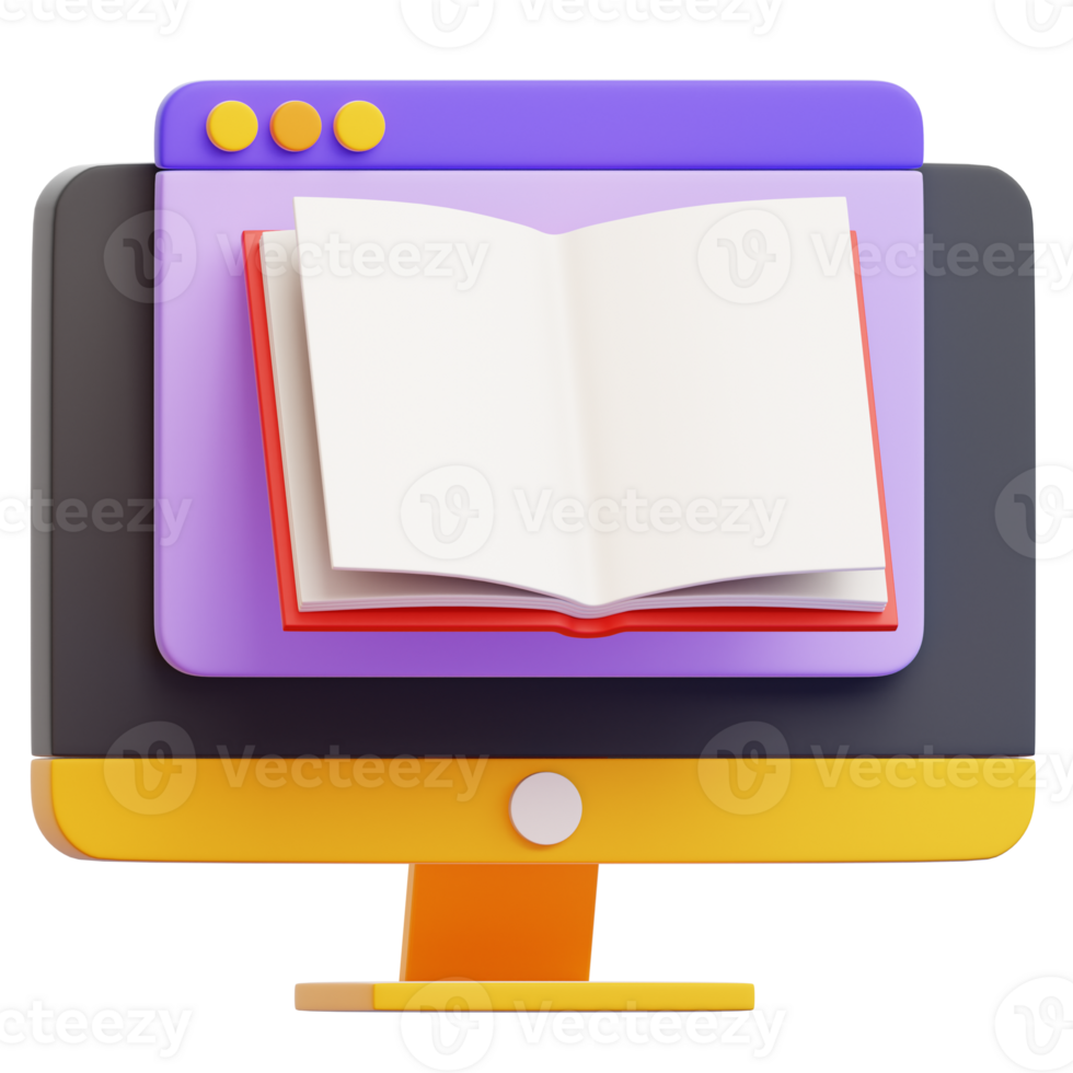 A rendered digital book is displayed on a computer screen, symbolizing the integration of literature with technology, with pages poised to share information and learning png