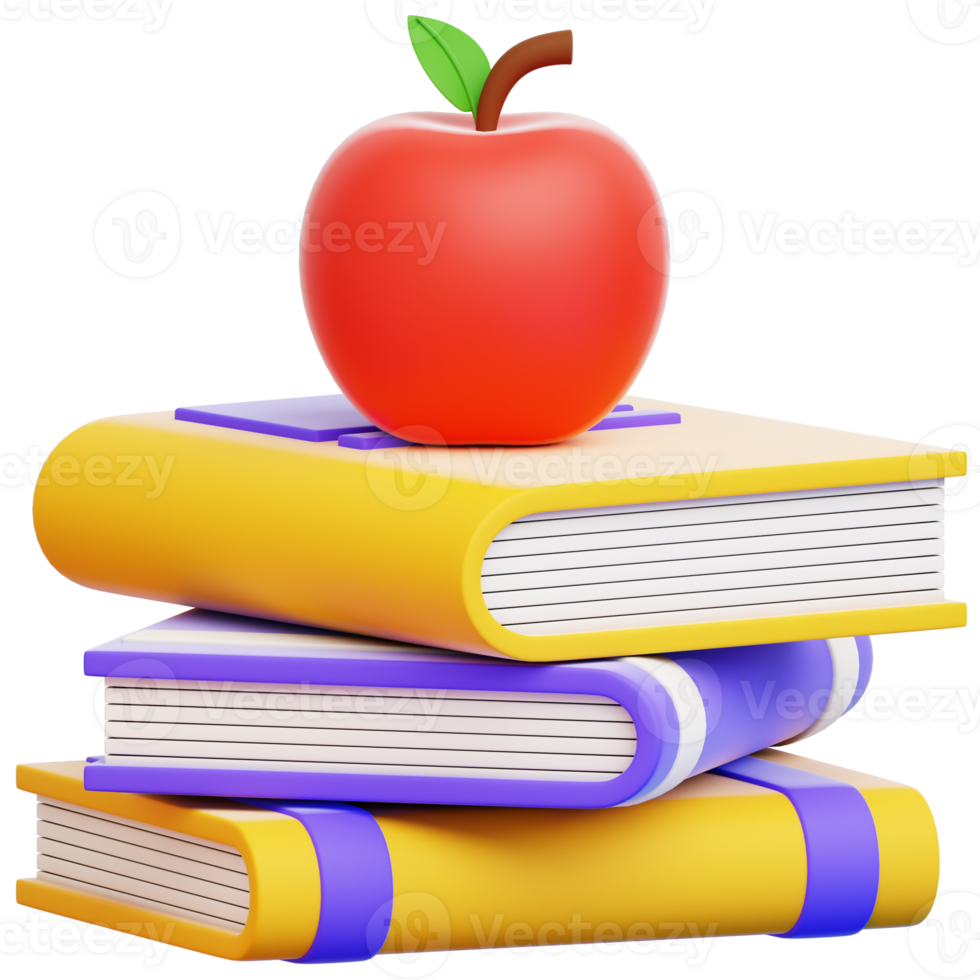 A vibrant display of education, featuring a stack of colorful books, topped with a perfectly ripe, red apple. Perfect visual for academic, learning, and intellectual pursuits png