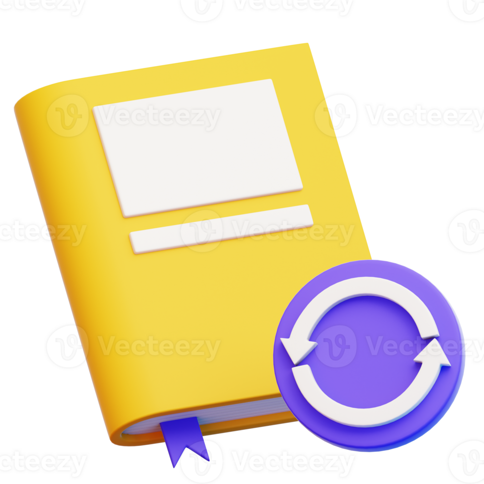 A 3D rendered image of a book with a return and reload sign, highlighting the concept of knowledge refresh. Ideal for education, and information-related visuals png