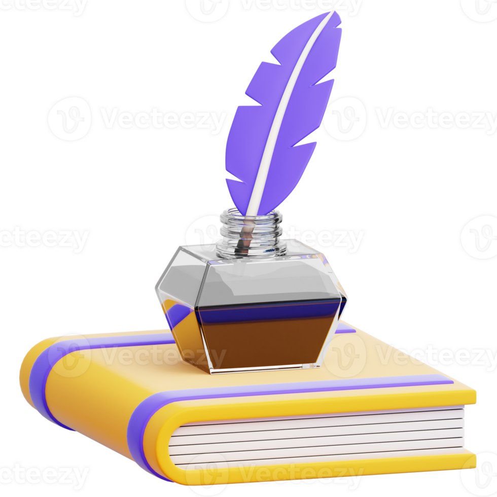 A vintage inkwell with a delicate feather quill rests atop a classic book, embodying the timeless artistry of words and storytelling png