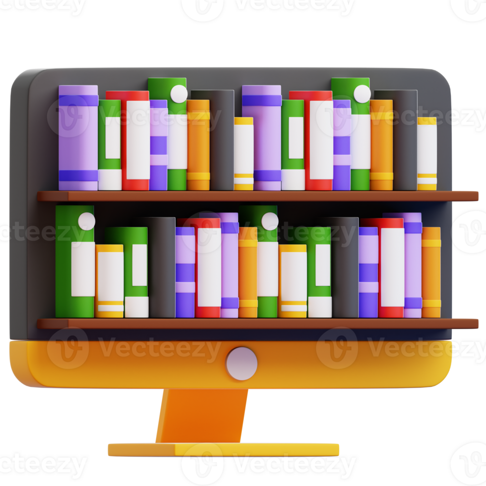 A digital bookshelf illustration displaying rows of colorful books, a perfect visual for education and knowledge concept png