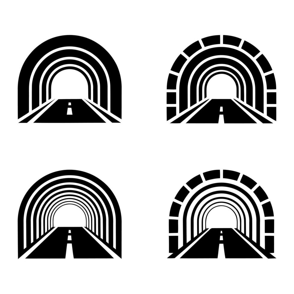 Four stylized black and white tunnel entrance icons with roads vector