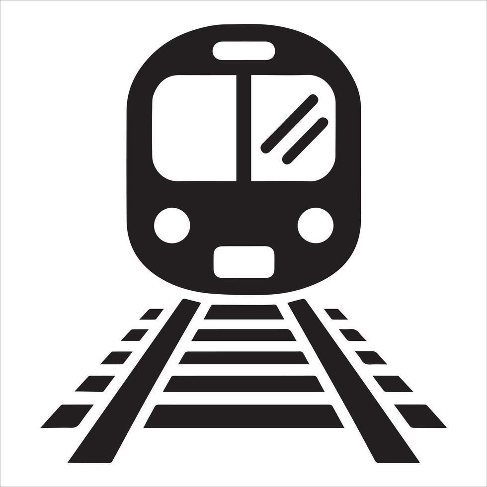 Front view of a black train icon on railroad tracks vector