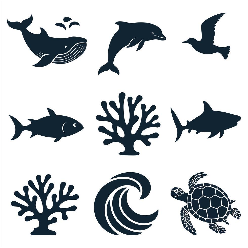 Collection of stylized marine life and ocean elements in dark blue silhouettes vector
