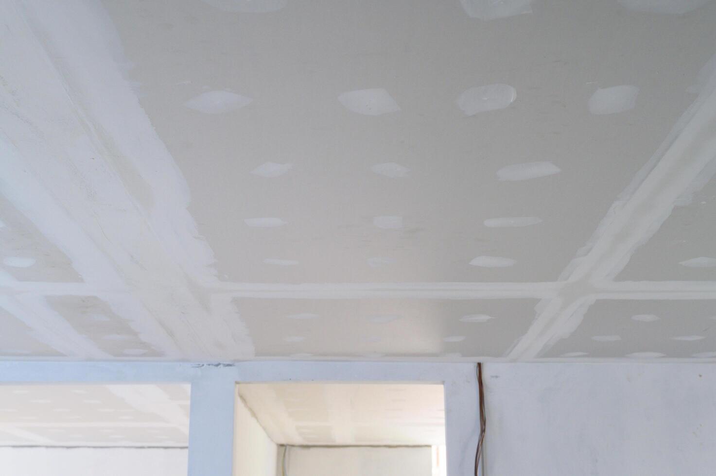 Building interior renovation showing gypsum board ceiling prepared. Smooth plastering applied to edges joints. Electrical wire present. Work creates smooth ceilings, sign of progress photo