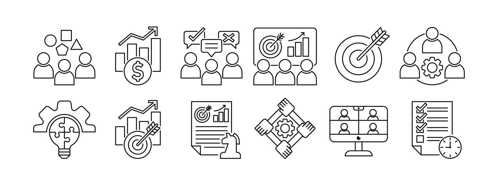 ICON SET WORKSHOP, BRAIN STORMING, PRESENTATION, PROBLEM SOLVING, TARGET, STRATEGY, TEAMWORK AND MORE. ICON FOR APP, WEBSITE, PRESENTAITON ETC. ICON IN OUTLINE STYLE. vector