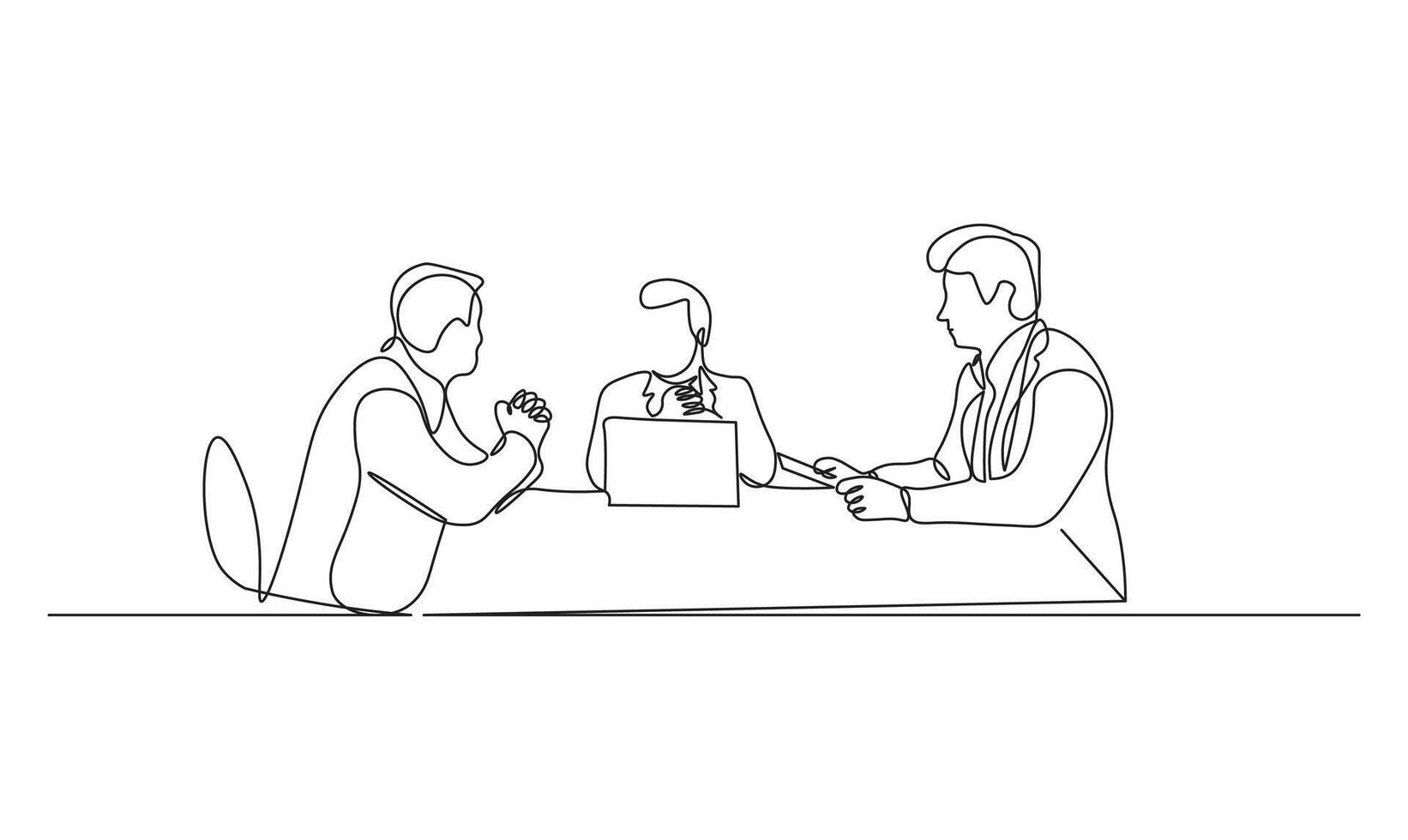 Three Businessmen in continuous line art Sitting at a Table with Laptops. Minimalistic illustration of people meeting in productive discussion in black linear sketch, isolated on white background vector