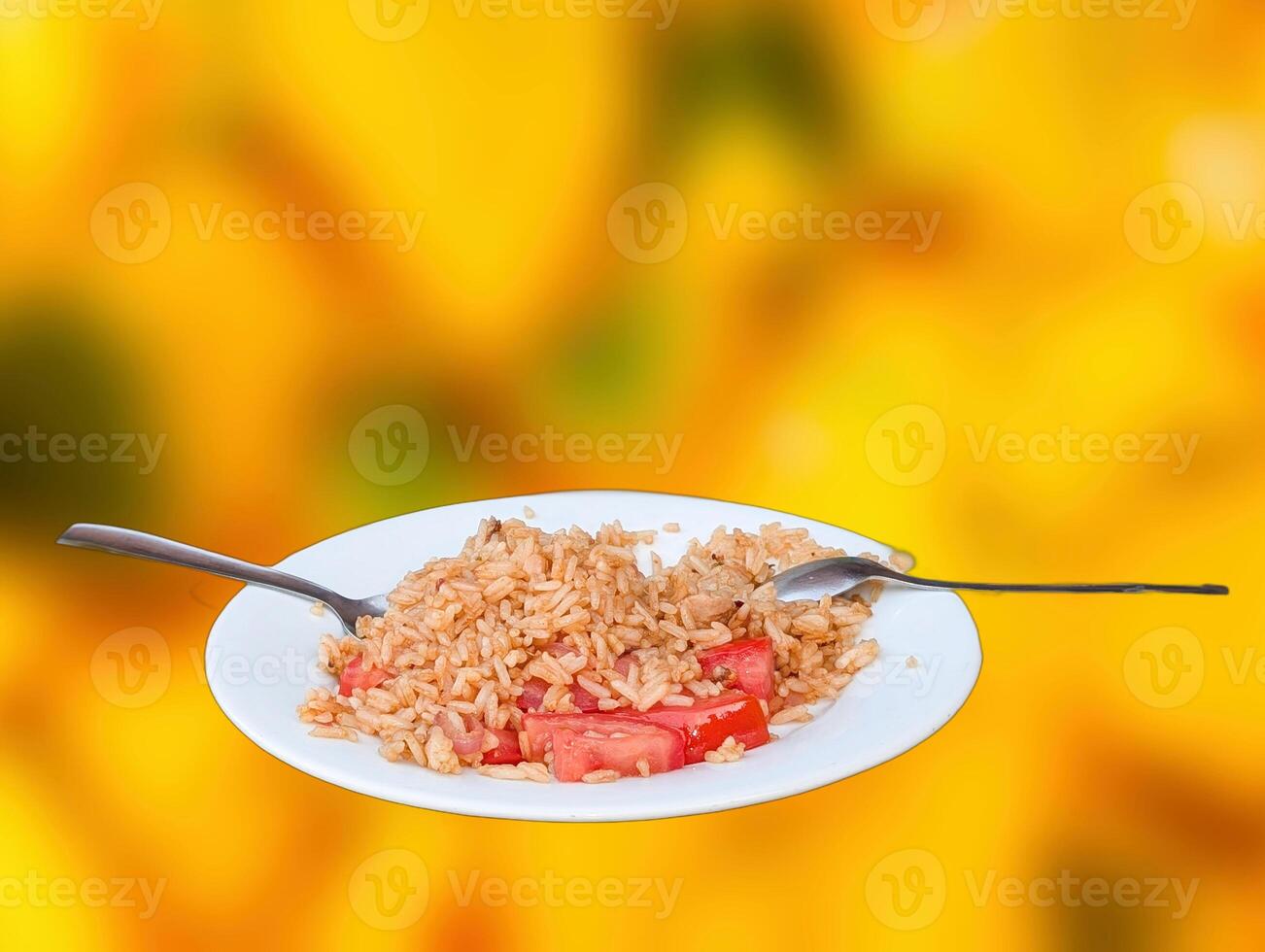 Delicious plate of rice with fresh tomatoes against a colorful background photo