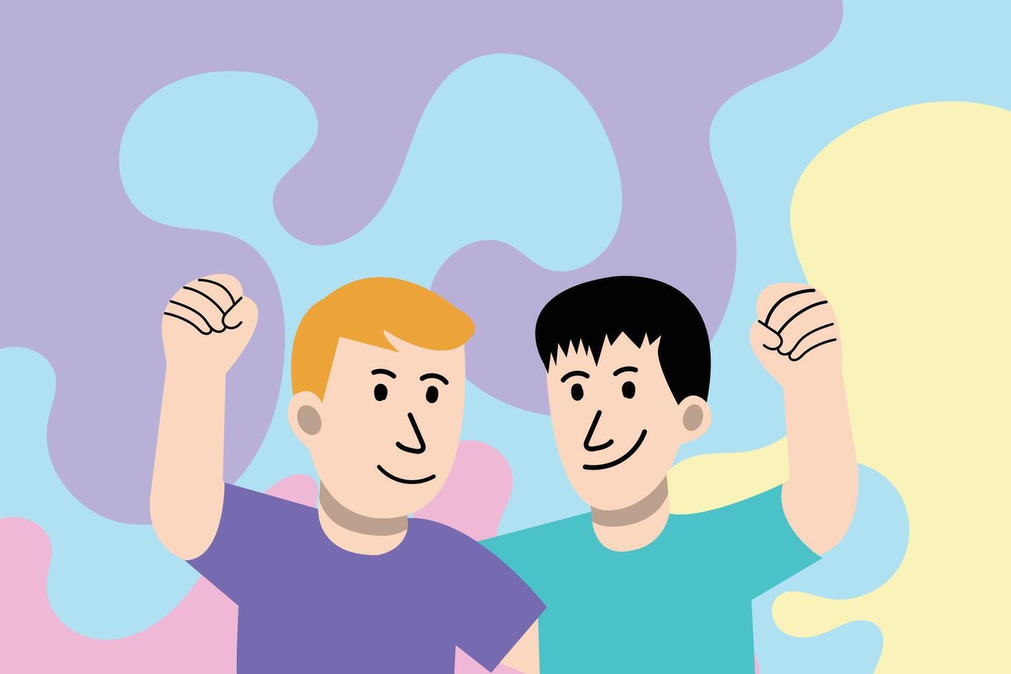 Flat Friendship Illustration - Group Cheer with Hands in the Air Two friends raising their arms and cheering together, representing celebration and shared success. vector