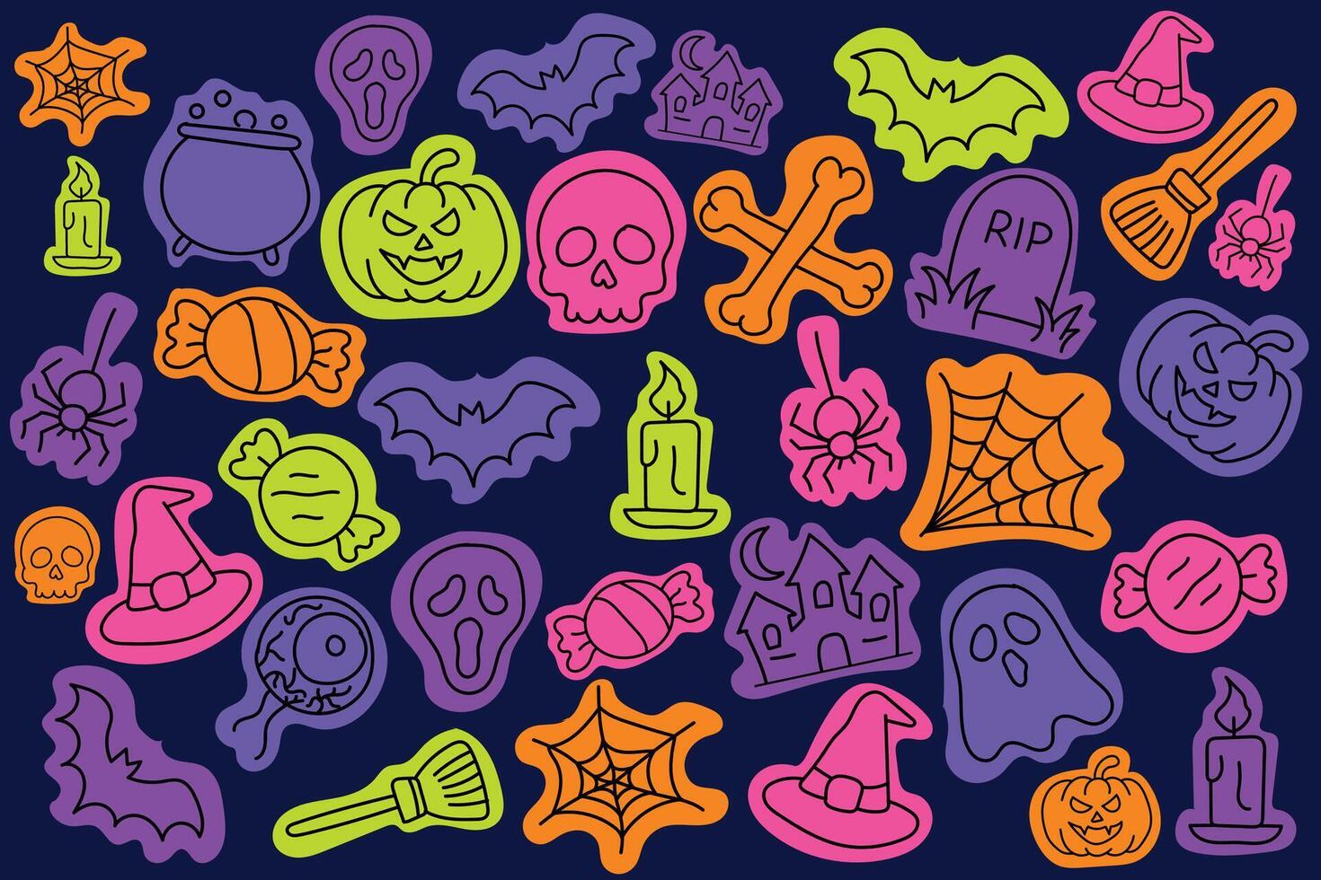 Colorful Halloween Icons Set Hand Drawn Spooky Doodles vector