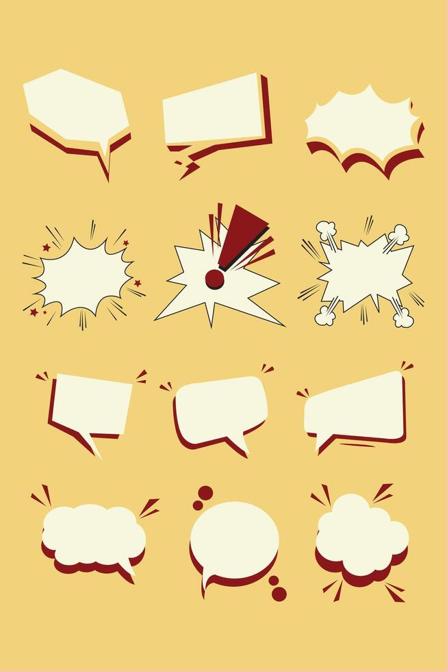 set of retro comic speech bubbles and action frames in pop art style. Includes different shapes like thought bubbles, shouting frames, and dialogue boxes. vector