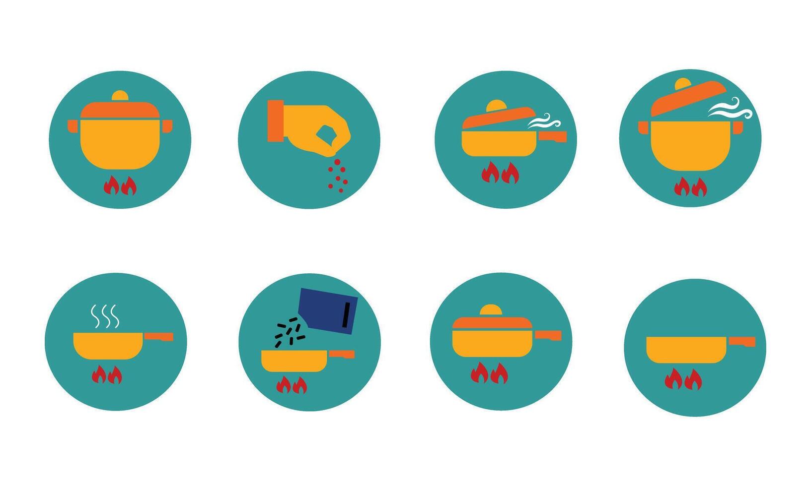 flat design cooking icon set featuring various kitchen actions like boiling, seasoning, and frying. Perfect for culinary projects, apps, recipe visuals, and food-related design assets. vector